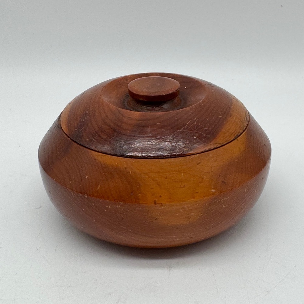 Vintage Mid Century Hand Turned Wood Lidded Trinket Bowl Jewelry Box Jar 4x2.5